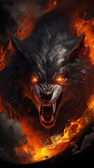 Angry Wolf howling in fire with flames and flames. Roaring wolf. Wolf with fire on a black. Wolf head. Wild animal. Dangerous animal. Anger. Rage. Colorful fiery background. Red glowing eyes. Vector