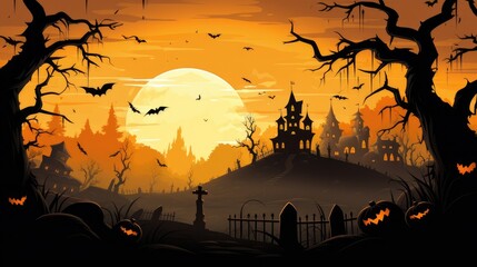halloween pumpkins under the moonlight. dark night forest full moon. silhouette halloween abstract background