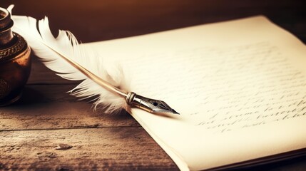 Quill feather pen and inkwell on a wooden table.