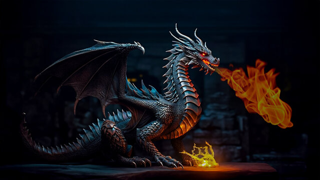 angry dragon spitting fire, fantasy dragon on the rock, black dragon in a black background,