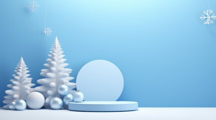 Background products minimal podium scene with Christmas decoration in blue color in cute style.