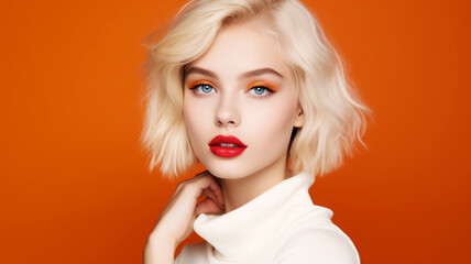 Beautiful model on an orange colored background