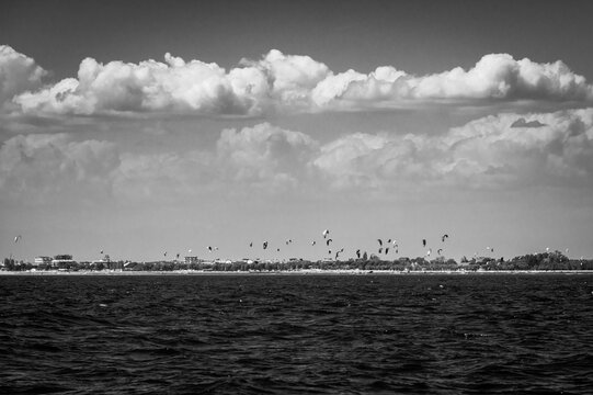 Between sea and lagoon. Sailing trip between the Marano lagoon and the Gulf of Trieste. Black and white.