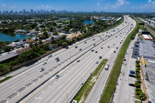 Hallandale Beach, Florida, USA - The I-95 highway going southbound, with Sunny Isles in the distance.