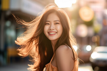 Fototapeta premium Slim Sexy woman in orange monotone sensual post long red brown with light Bokeh rim light background, Happy woman on the sunset. Generative AI.