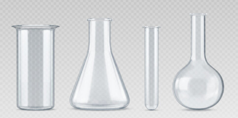 3d chemistry laboratory glass science test flask. Realistic lab beaker equipment. Chemical glassware tube isolated vector set. Empty cylinder measuring container for scientific medical experiment