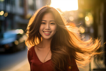 Obraz premium Slim Sexy woman in orange monotone sensual post long red brown with light Bokeh rim light background, Happy woman on the sunset. Generative AI.