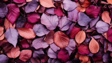 Autumn leaves in purple and magenta colors on the forest floor