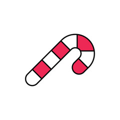 Candy cane sweet stick icon. Christmas or New Year festive flat icon. White cane with red stripes isolated on white background. Gift, greeting card print template. Vector illustration.
