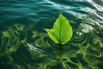 a green leaf floating in the water on a sunny day