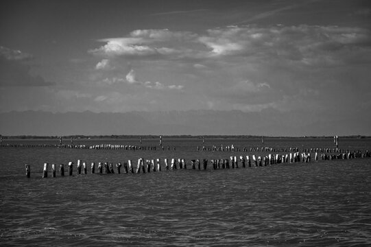 Between sea and lagoon. Sailing trip between the Marano lagoon and the Gulf of Trieste. Black and white.