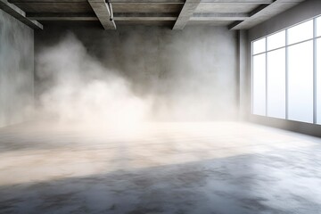 Empty space to place products, room with a blank cement floor, with windows and mist.