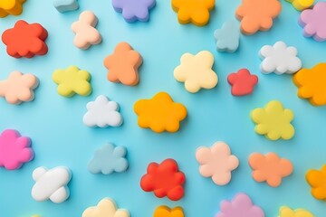 Obraz premium Fun background, cottony, childish colored clouds in a blue sky.