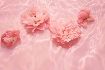 pink peonies in a pink rippled water with sun glares flat lay