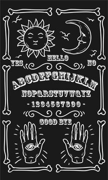 Graphic template inspired by Ouija Board. Black and white symbols of moon ,sun, texts and alphabet. Gothic typography. Ghosts and demons calling game.