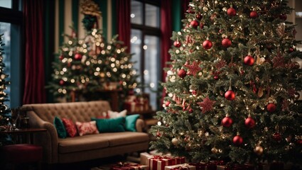 Fototapeta na wymiar Christmas tree with baubles in living room 