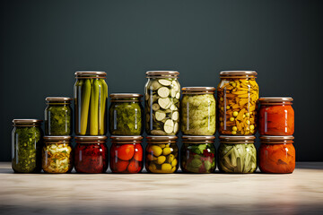  Canned vegetables in jars, preparations for the winter, minimal scene, 3d render, generate AI - obrazy, fototapety, plakaty