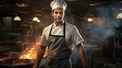 Fototapeta na wymiar photo of a man in a chef's uniform, head to waist, cooking in a restaurant kitchen
