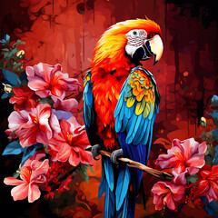 Colorful bird Parrot with Flower Tree Perched on a Branch in the background
