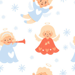 Obraz na płótnie Canvas Christmas seamless pattern. Cute angel blond kids. Funny girls with trumpet and boy on white background with snowflakes. Vector illustration in cartoon style. Xmas winter children collection