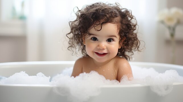 Cute little girl bathes in the bathtub with foam.