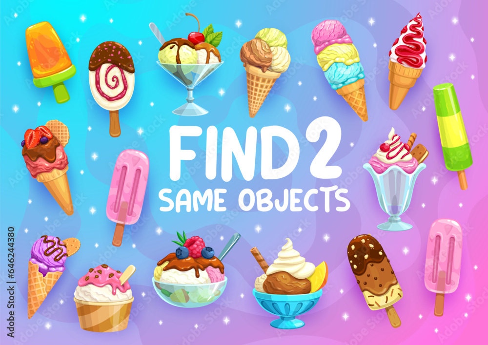 Aufkleber find two same cartoon gelato ice cream, sundae and fruit juice ice pop, vector puzzle quiz. ice crea
