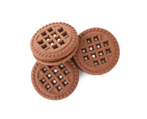 Tasty chocolate sandwich cookies with cream isolated on white, top view