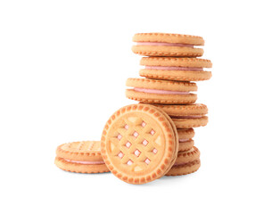 Stack of tasty sandwich cookies with cream isolated on white