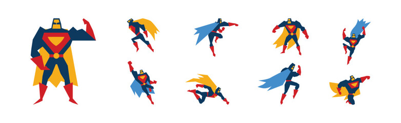 Superhero Muscled Man in Mask and Cape in Different Pose Vector Set © topvectors