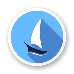 Sailboat long shadow flat icon. Stylized white glyph on blue background. Best for web, print, logo creating and branding design.