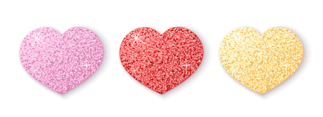 Pink, red and gold paper hearts collection. Vector elements with colorful glittering confetti. Best for web, print and St. Valentine's Day decoration.