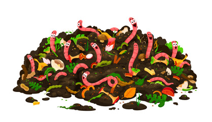 Agriculture cartoon farm compost worm characters in soil. Funny earthworm vector personages in garden compost pile with dirt, organic wastes of food, plants, vegetables, fruits and eggshell