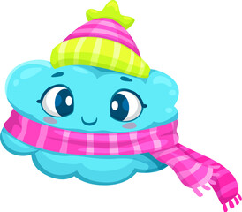 Cartoon cute cloud weather character, wearing charming knit hat and scarf, bringing a touch of warmth and style to the forecast. Adorable vector meteorology personage notice of cold weather outside