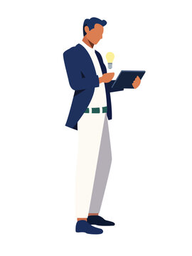 Flat Illustration, character vector, Businessman standing and looking at tablet computer, light bulb above his hand 