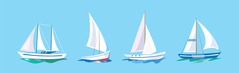 Yacht and Boat Sailing in Blue Sea Water Vector Set