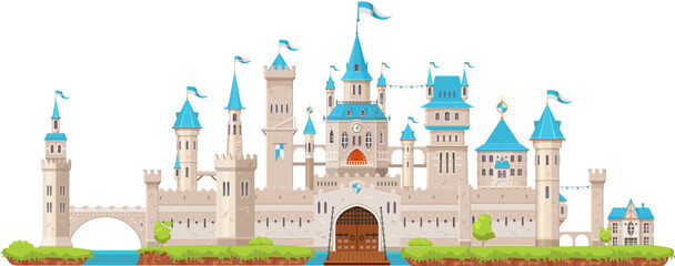 Medieval fortress castle wall and palace, gate, tower and turret, bridge and fort. Medieval king castle. Fairytale royal fortress or ancient kingdom palace gate with drawbridge, flags on blue towers