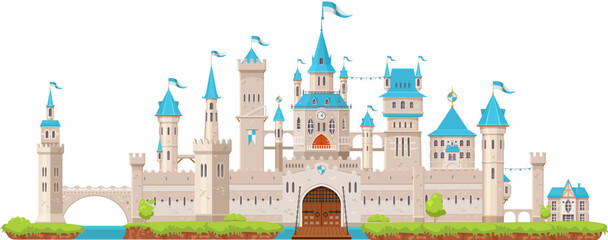 Medieval fortress castle wall and palace, gate, tower and turret, bridge and fort. Medieval king castle. Fairytale royal fortress or ancient kingdom palace gate with drawbridge, flags on blue towers © Vector Tradition