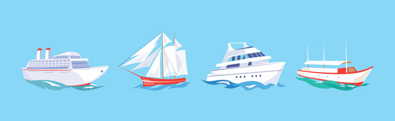 Yacht and Boat Sailing in Blue Sea Water Vector Set