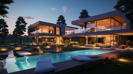 Luxurious Dwelling Surrounded by a Backyard Haven and Swimming Pool, Aglow in the Evening Sunset