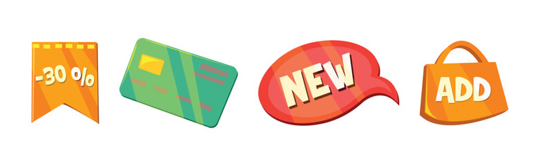 Shopping Icon with Sale and Discount Bright Sign Vector Set