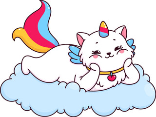 Cartoon cute caticorn cat and kitten character. Caticorn kitten childish isolated vector mascot. Unicorn cat comical character or fantasy animal happy personage lying and dreaming on cloud