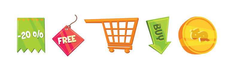 Shopping Icon with Sale and Discount Bright Sign Vector Set