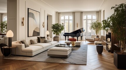 Fototapeta na wymiar Modernity meets sophistication in the living room, adorned with parquet flooring and chic furniture