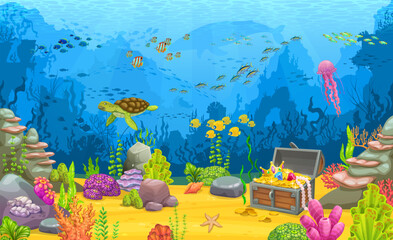 Fototapeta na wymiar Cartoon underwater landscape with treasure chest and sea animals. Coral reef water world scene, aquatic life vector background with turtle, fish shoal, seaweed and gold in chest on ocean bottom