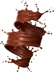 Realistic chocolate milk drink swirl splash. Isolated realistic 3d vector brown twister, whirlwind or tornado. Coffee and cocoa swirl, stream, liquid splashing with droplets dynamic fluid motion - obrazy, fototapety, plakaty