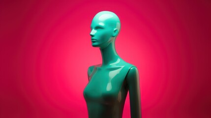 Window dresser mannequin skinny female body doll with minimal bright neon magenta background, emotionless fashion model hanger, naked upper body bust - generative AI
