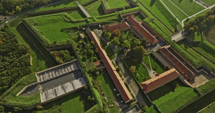 Terezin Czechia Aerial v2 birds eye view drone flyover and around historical landmark, the grounds of Theresienstadt Concentration Camp in Garrison town - Shot with Mavic 3 Cine - November 2022