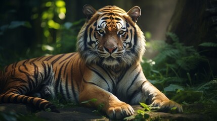 Powerful Bengal Tiger sitting on the grass