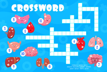 Crossword quiz game, sick body organ characters, injured and unhealthy personages, vector worksheet grid. Heart with kidney and lungs or thyroid and spleen with illness and injury patch on crossword