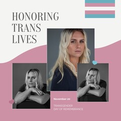 Composite of honoring trans lives text over caucasian transgender man
